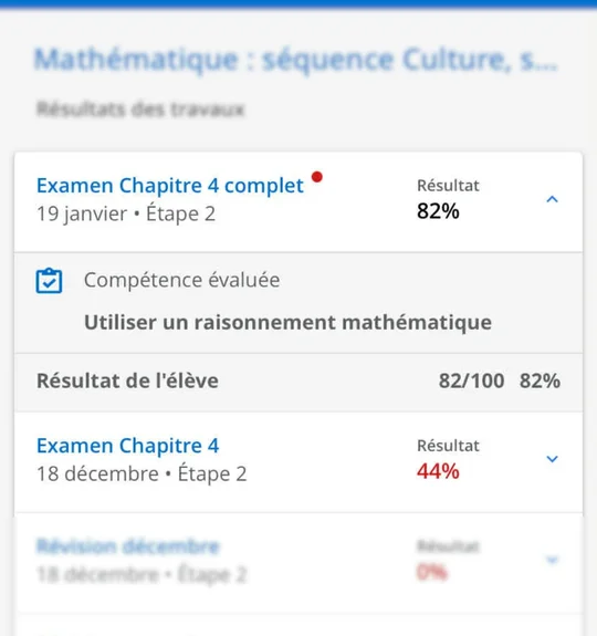 Bulletin en ligne d'un élève en séquence Culture, société et technique : examen du chapitre 4 à 44 % le 18 décembre, puis 82 % à la reprise complète du 19 janvier